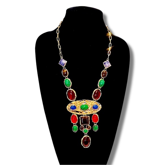 NATASHA Super Shiny Colorful Polished Gold & Gemstone Statement Necklace NWT - Picture 9 of 9